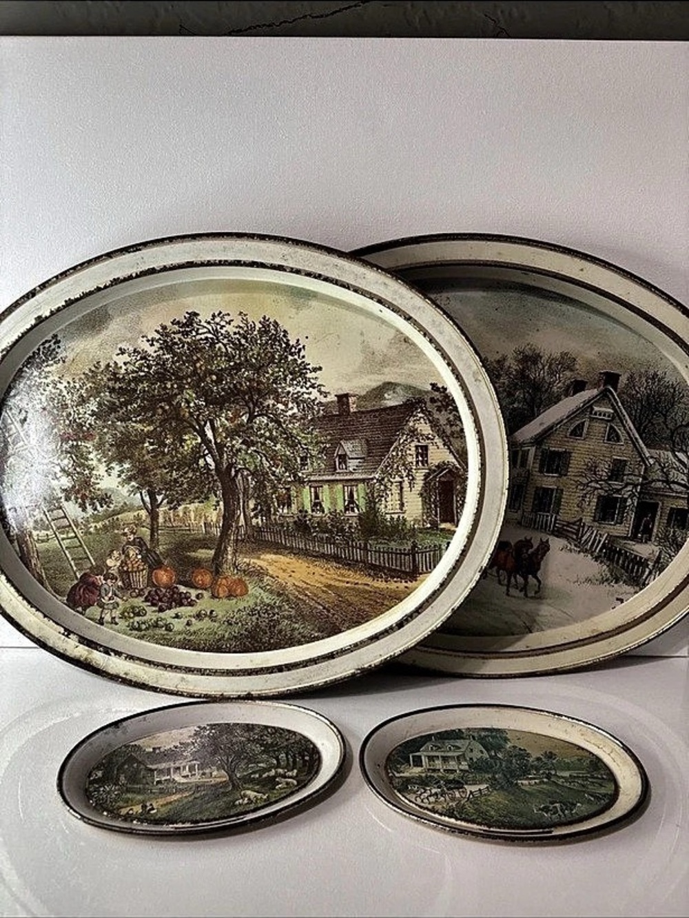 Vintage 4 Currier & Ives The American Homestead Metal Serving Trays Set Spring S